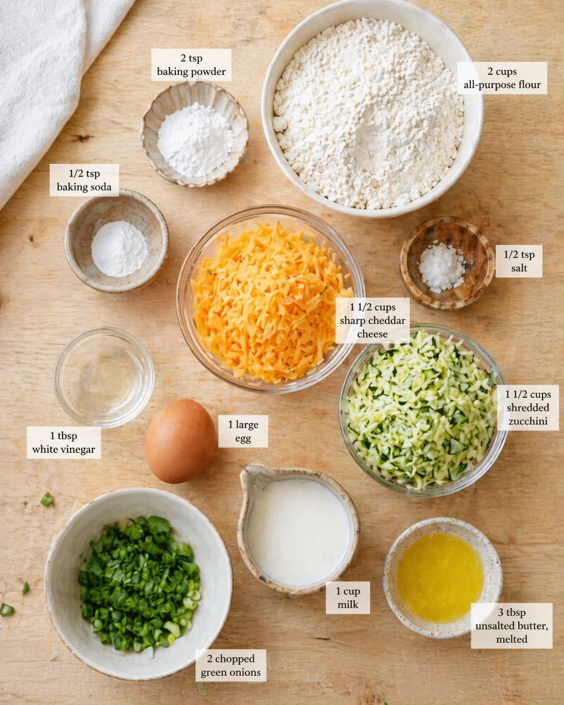 top-down view of labeled ingredients for zucchini cheddar biscuits on a wooden surface