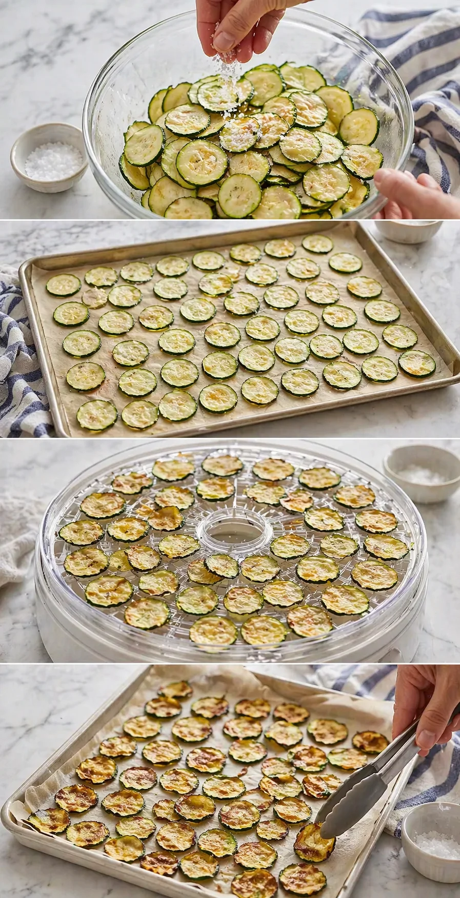 Hands sprinkle salt on zucchini slices in a mixing bowl for chips.