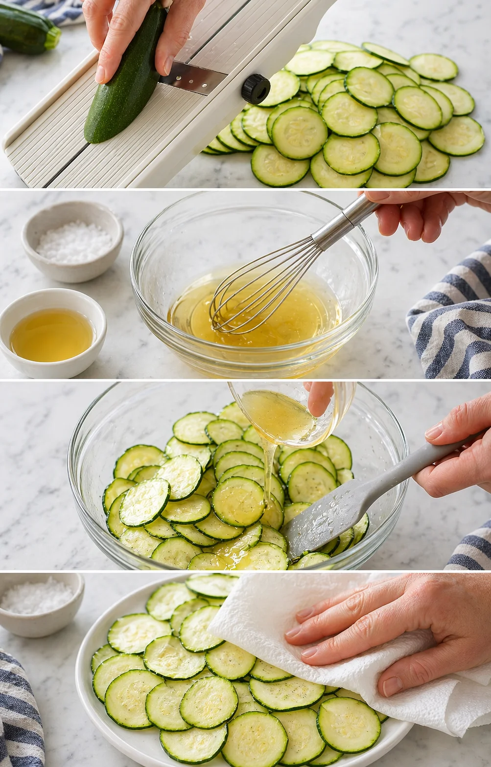 collage showing zucchini being sliced, whisking dressing, and coating slices in a bowl on marble countertop.
