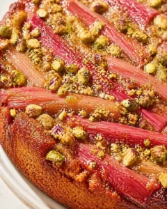Close-up of a rhubarb-topped cake with pistachio crunch on a white plate