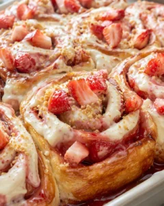Close-up of strawberry-filled cinnamon rolls with cream cheese icing and crumb topping.