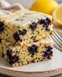 Delicious blueberry zucchini squares with lemon glaze on a white plate.