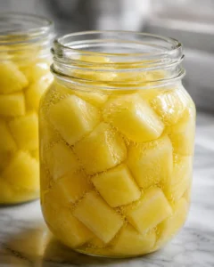 Jars of preserved zucchini in vibrant pineapple juice syrup ready for storage.