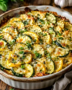 Baked zucchini and yellow squash casserole topped with melted cheese and fresh herbs.