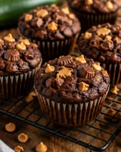 Rich, chocolatey muffins topped with peanut butter chips and chopped peanut butter cups