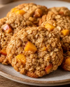 Close-up of freshly baked peach oatmeal breakfast cookies on a plate