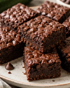 Close-up of fudgy, chocolatey zucchini brownies with a glossy top surface.