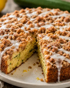 Delicious lemon zucchini coffee cake with cinnamon streusel glaze and moist interior.