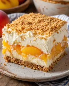 Delicious layered no-bake peach dessert with a crumbly crust and creamy filling