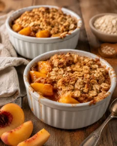 Delicious small batch peach crisp in ramekins with fresh peaches and oatmeal topping