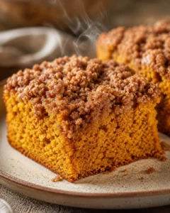 Close-up of moist pumpkin coffee cake with cinnamon crumble topping on a plate