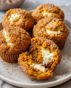 Close-up of freshly baked pumpkin muffins with creamy filling and spices.