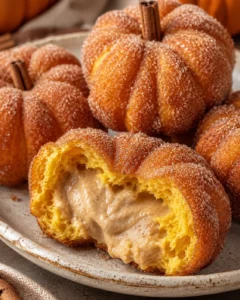Close-up of soft pumpkin donuts coated in cinnamon sugar, with a filled one showing creamy filling.