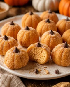 Close-up of pumpkin cheesecake truffles topped with chocolate chips on a white plate.