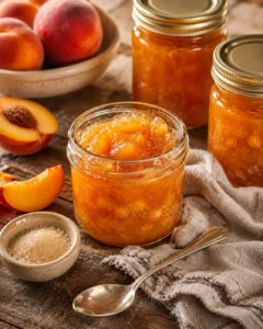 Close-up of homemade peach jam in a glass jar with fresh peaches nearby.