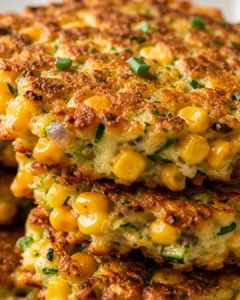 Close-up of crispy golden zucchini and corn fritters with green herbs on top.