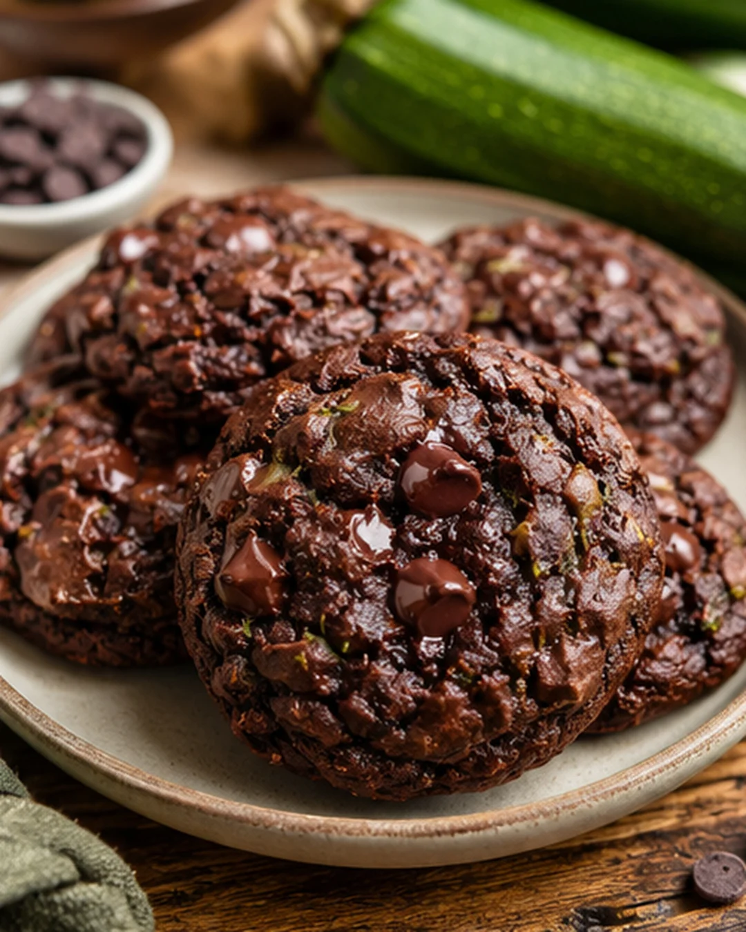 Chocolate Zucchini Cookies Recipe Close-up of fudgy chocolate zucchini cookies on a plate, with zucchini in background.