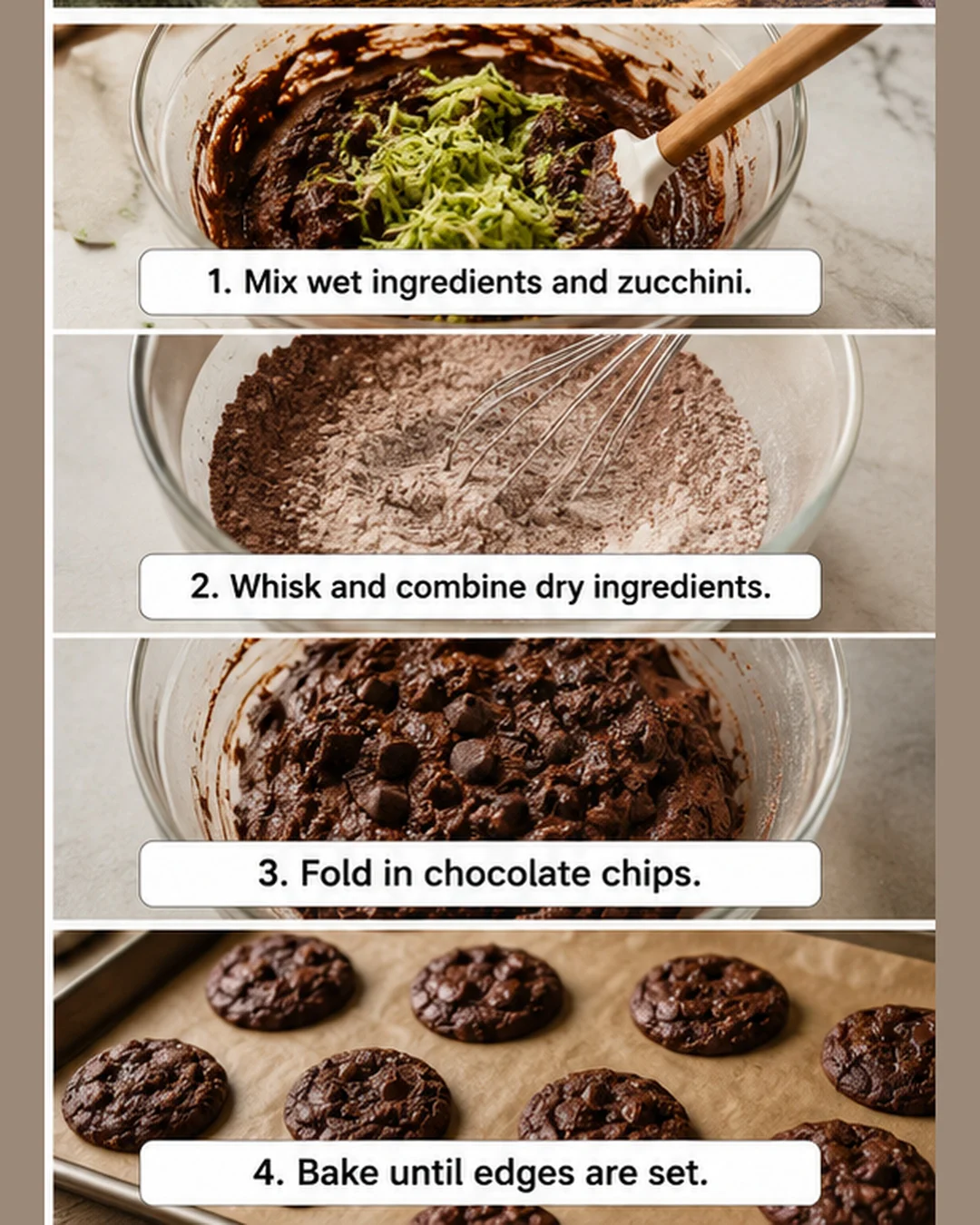 Chocolate Zucchini Cookies Step-by-step photos of making fudgy chocolate zucchini cookies with shredded zucchini.