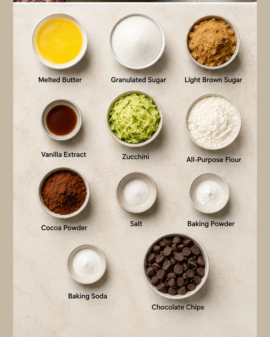 Chocolate Zucchini Cookies Ingredients Gathered ingredients for making rich, fudgy chocolate zucchini cookies.