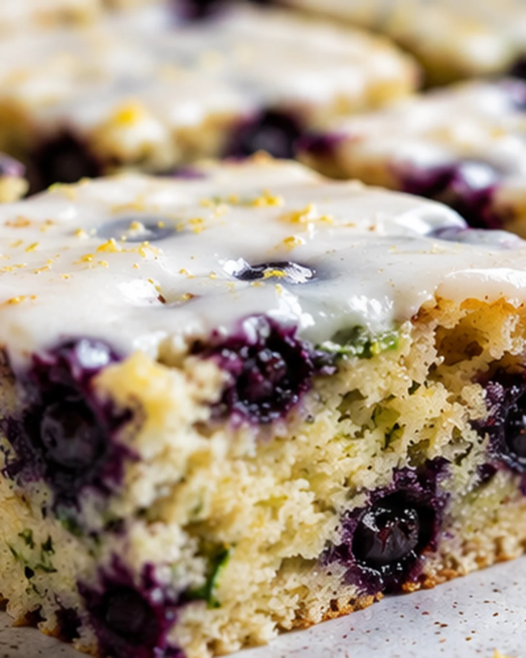 Delicious blueberry zucchini bars with lemon glaze in a sheet pan.