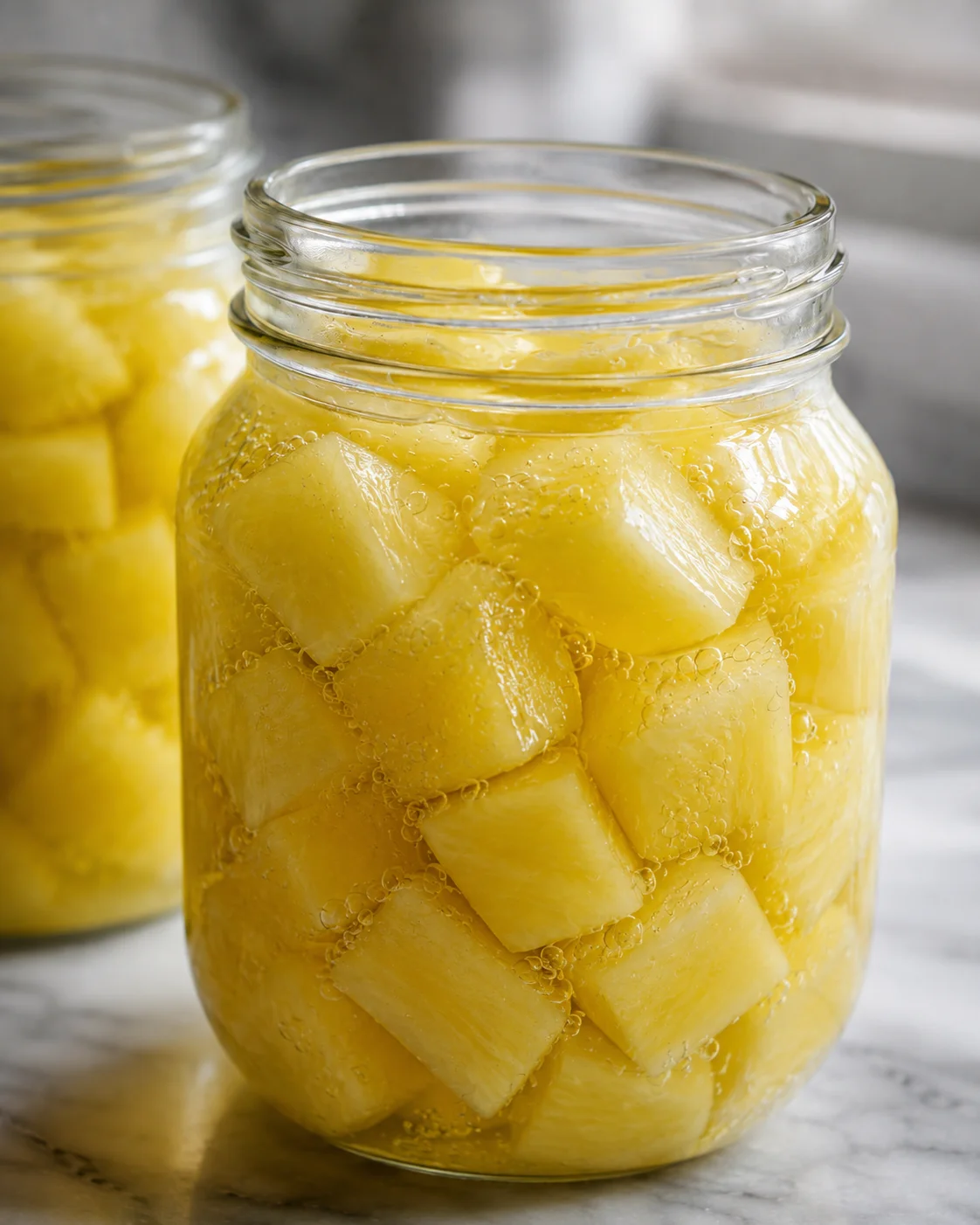 Jars of preserved zucchini in vibrant pineapple juice syrup ready for storage.