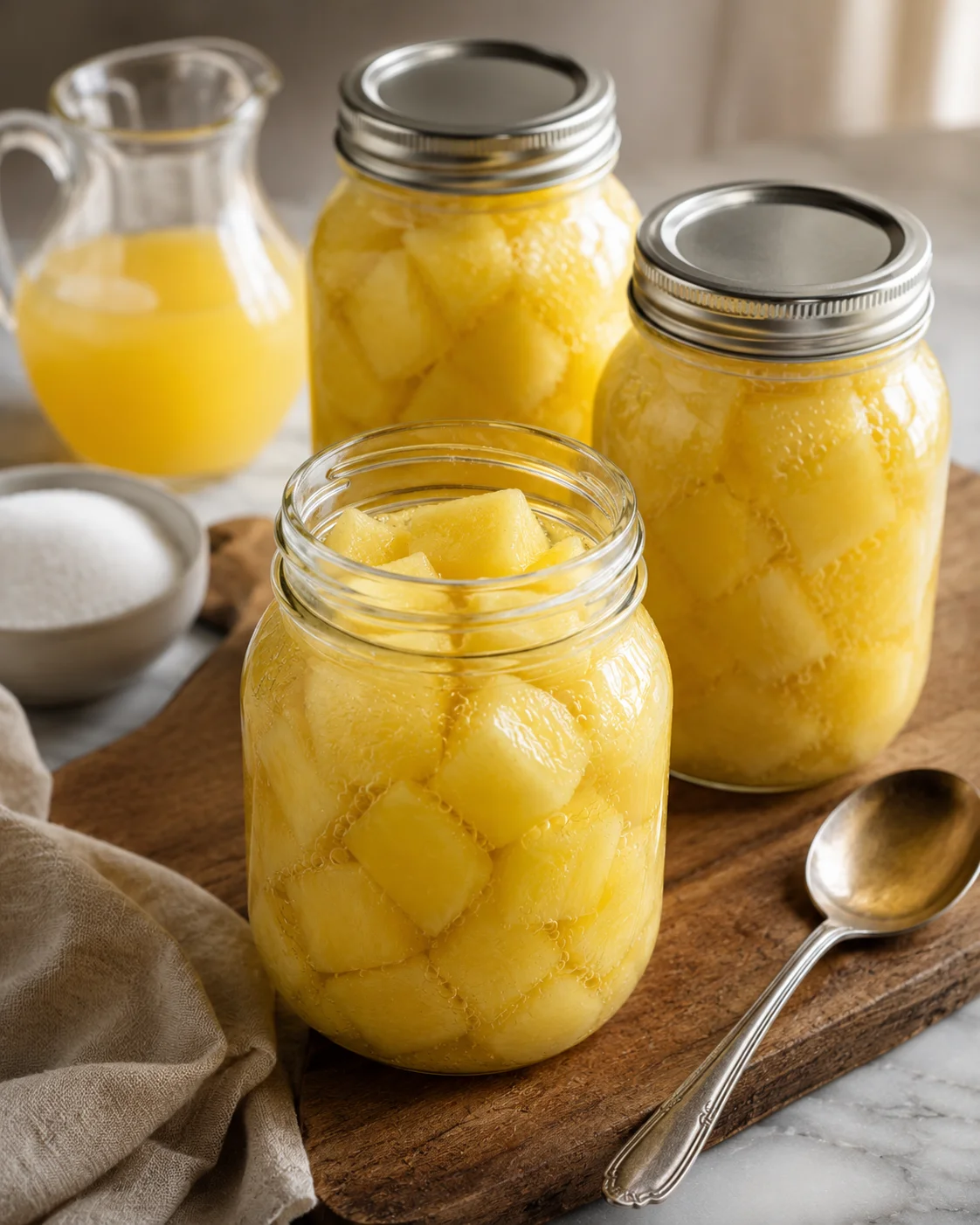 Jars of preserved zucchini in bright pineapple juice on a wooden surface