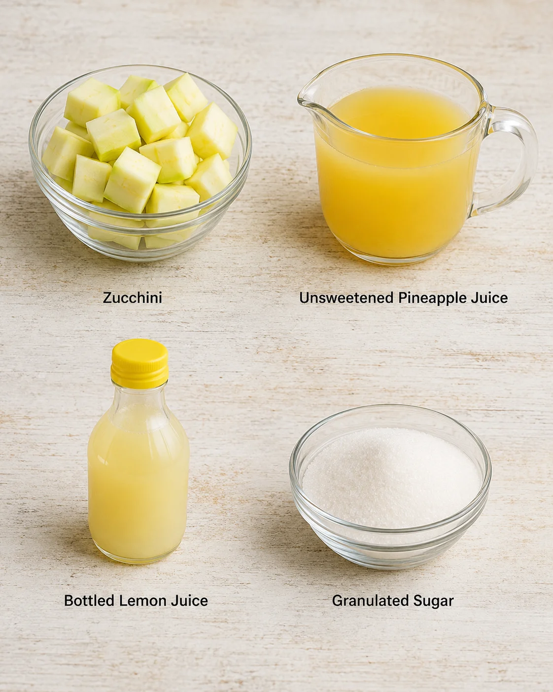 Zucchini cubes, pineapple juice, lemon juice, and sugar for preservation.
