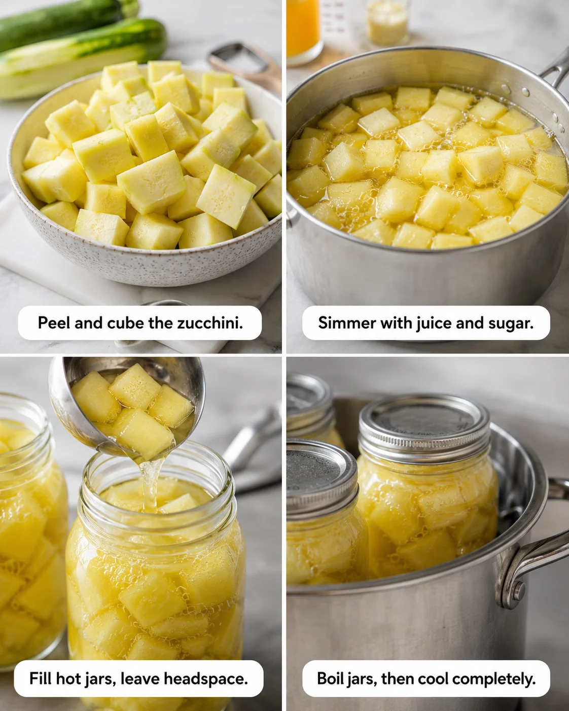 Step-by-step images of peeling, cooking, and jarning zucchini in pineapple juice.