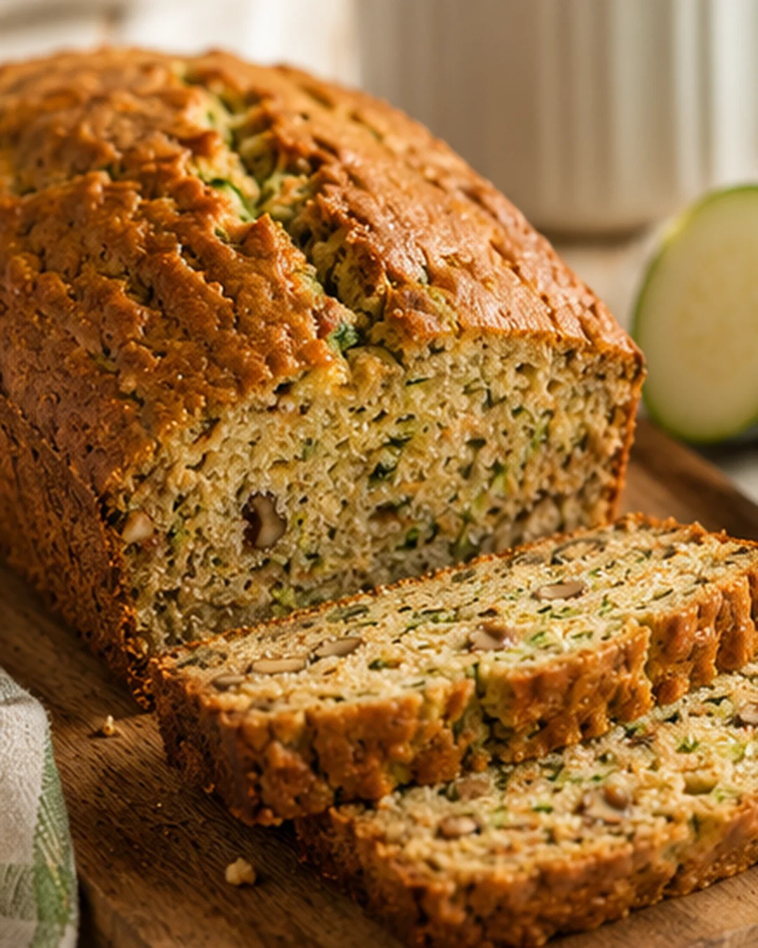 Super Soft Zucchini Bread Delicious, moist zucchini bread with visible zucchini and nuts on top.