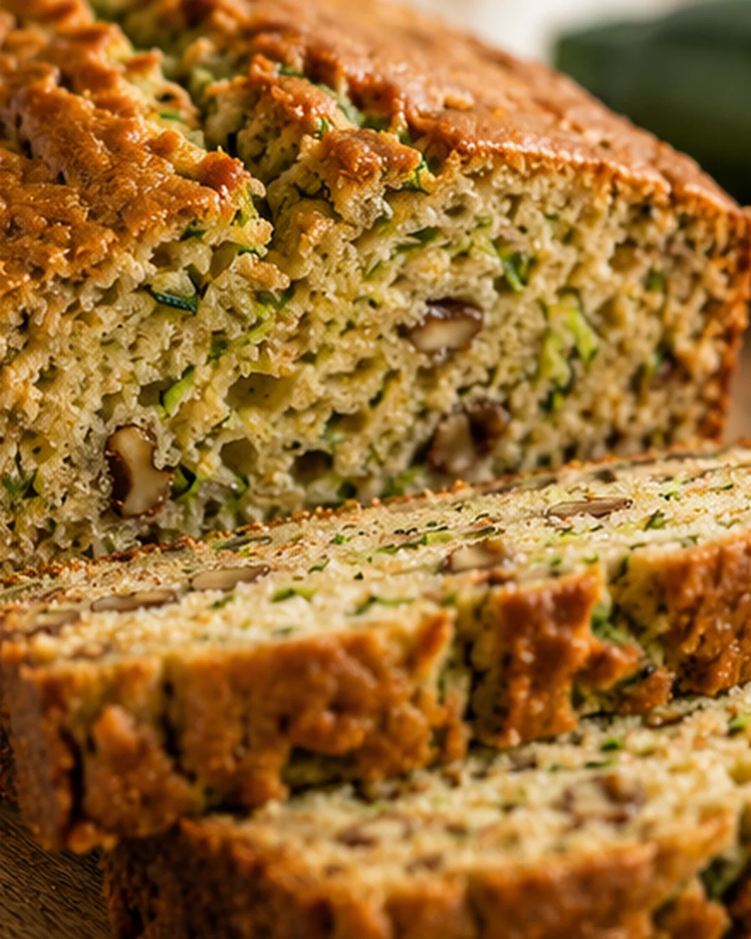 Super Soft Zucchini Bread Close-up of moist, tender zucchini bread with a golden crust and hidden vegetables.