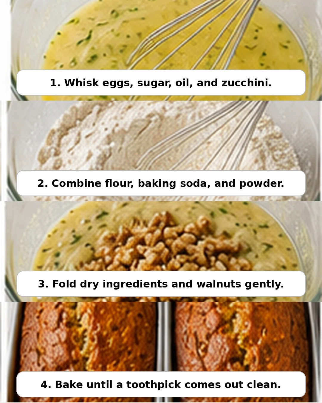 Image of moist zucchini bread batter and finished loaves fresh from the oven.