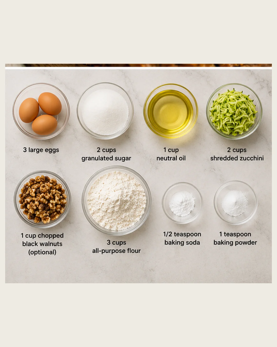Ingredients for Soft Zucchini Bread Step-by-step ingredients including eggs, sugar, zucchini, and flour for zucchini bread.