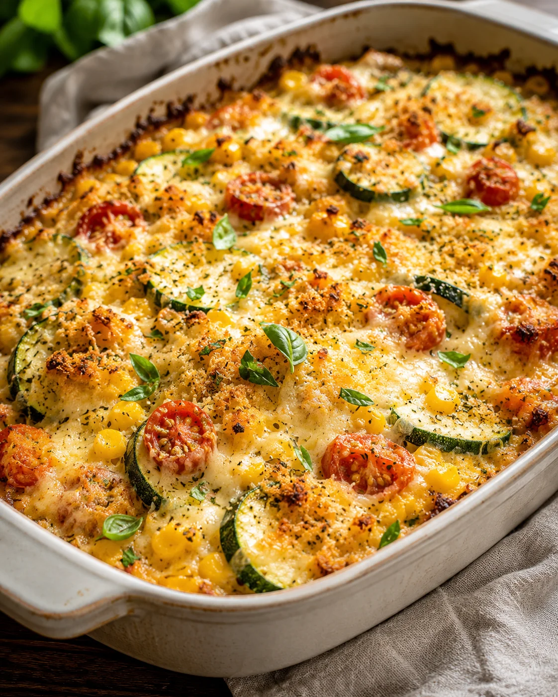 Baked zucchini, corn, and cherry tomatoes with melted cheese and Parmesan crust.
