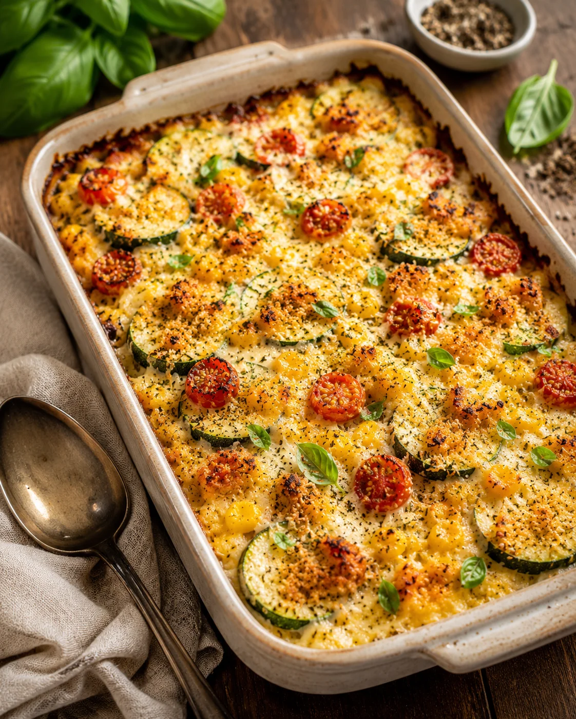 Baked zucchini, corn, and cherry tomatoes topped with Parmesan crust in a casserole dish