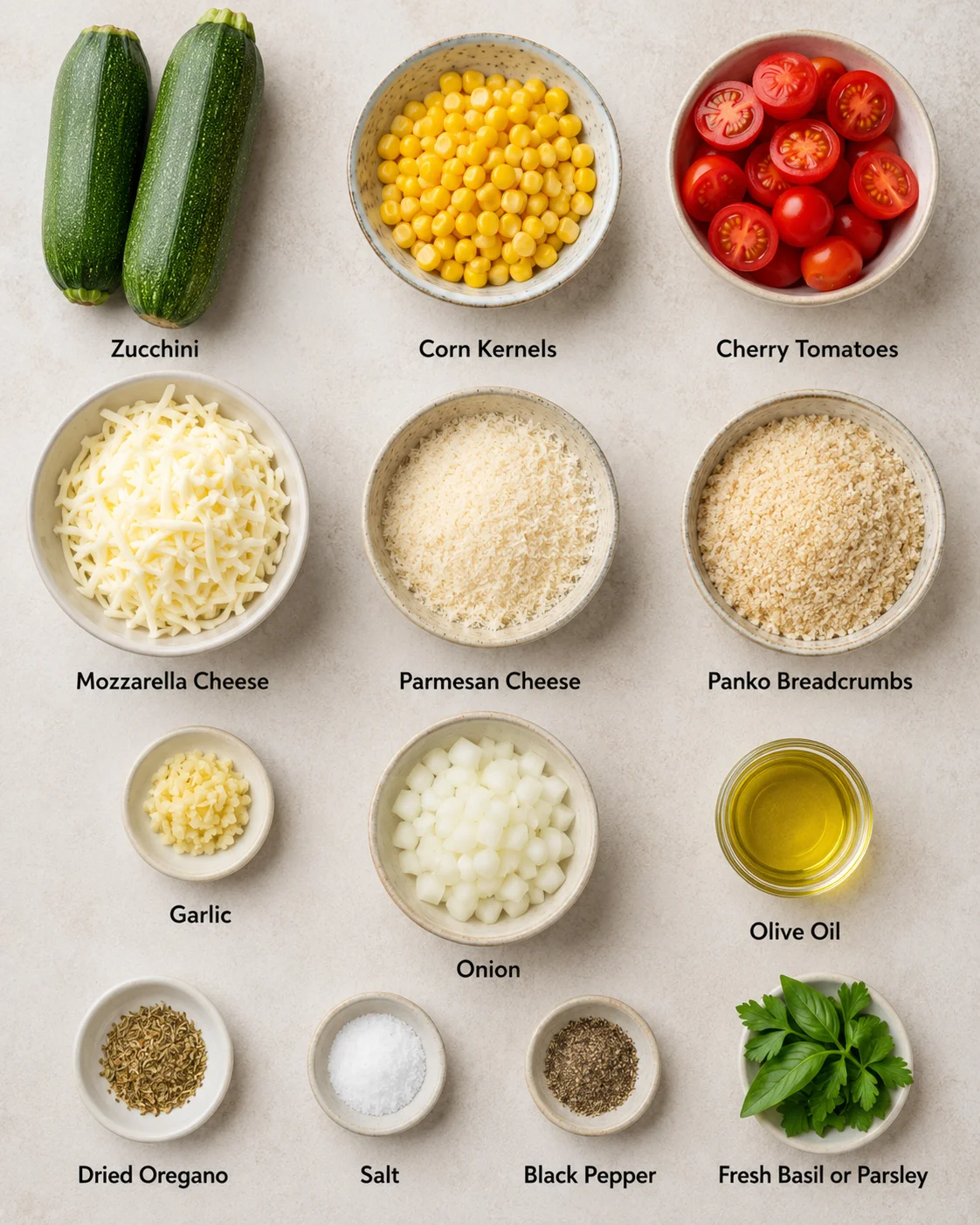 Fresh zucchinis, corn kernels, cherry tomatoes, and cheese arranged on a neutral background.