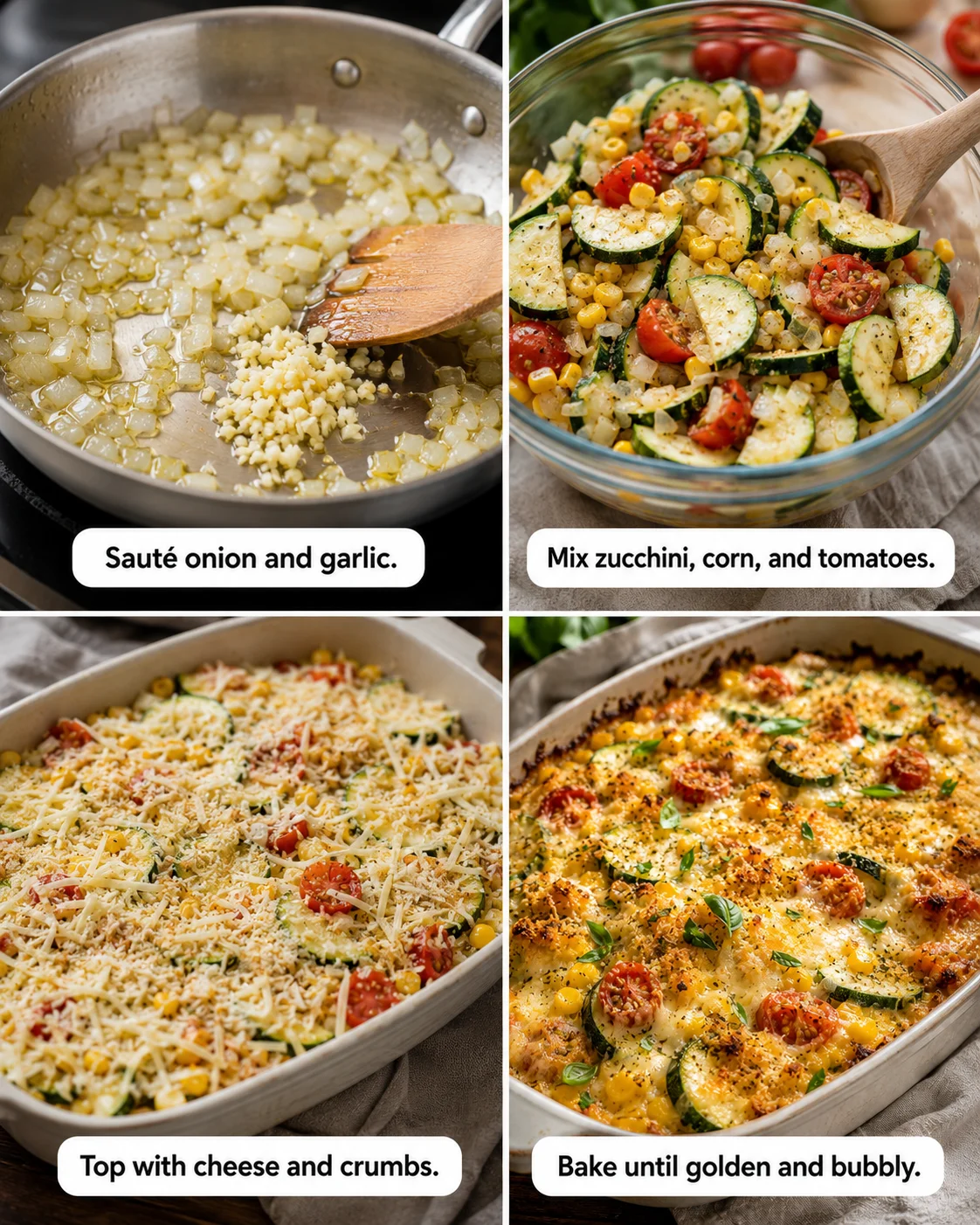 Fresh zucchini, corn, and cherry tomatoes mixed with cheese and topped with Parmesan crust.