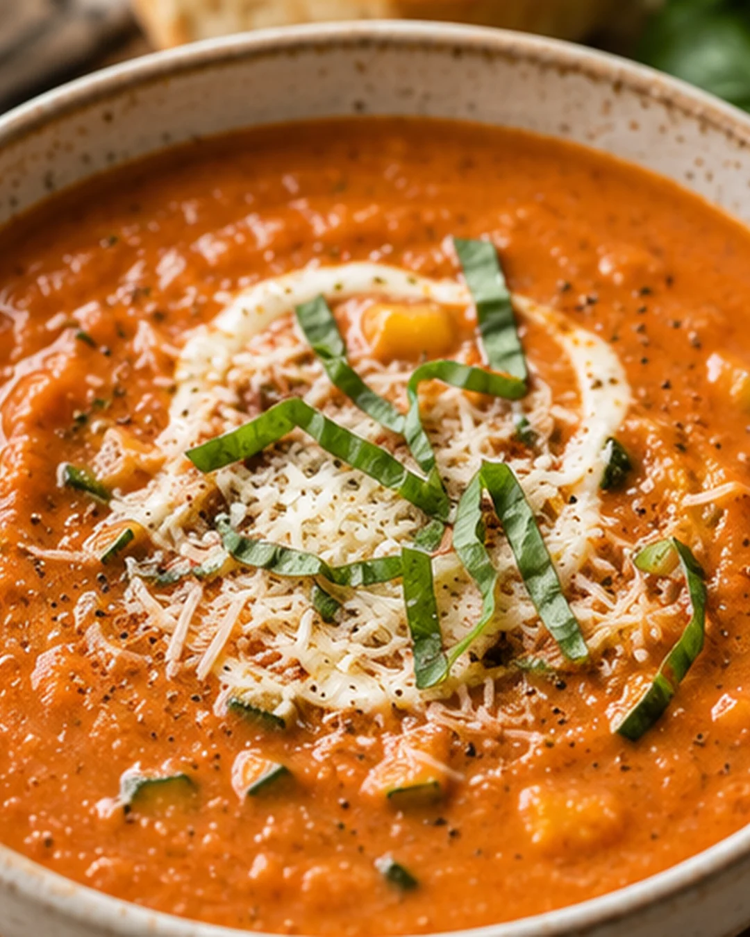A bowl of creamy tomato zucchini soup topped with cheese and green onions.