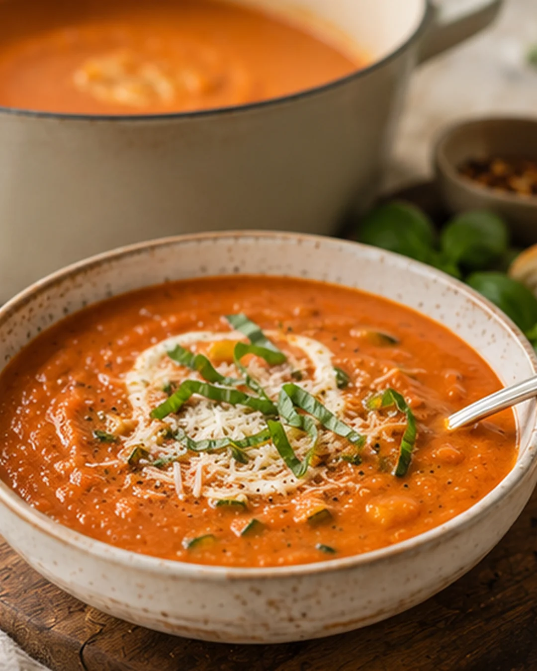 A bowl of warm, creamy tomato zucchini soup garnished with cheese and herbs.