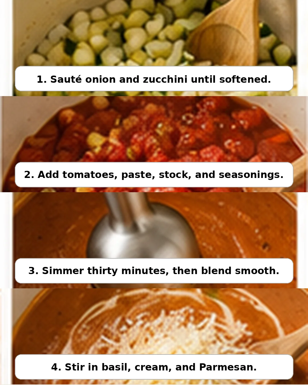 Step-by-step process of making a creamy tomato zucchini soup with vegetables.