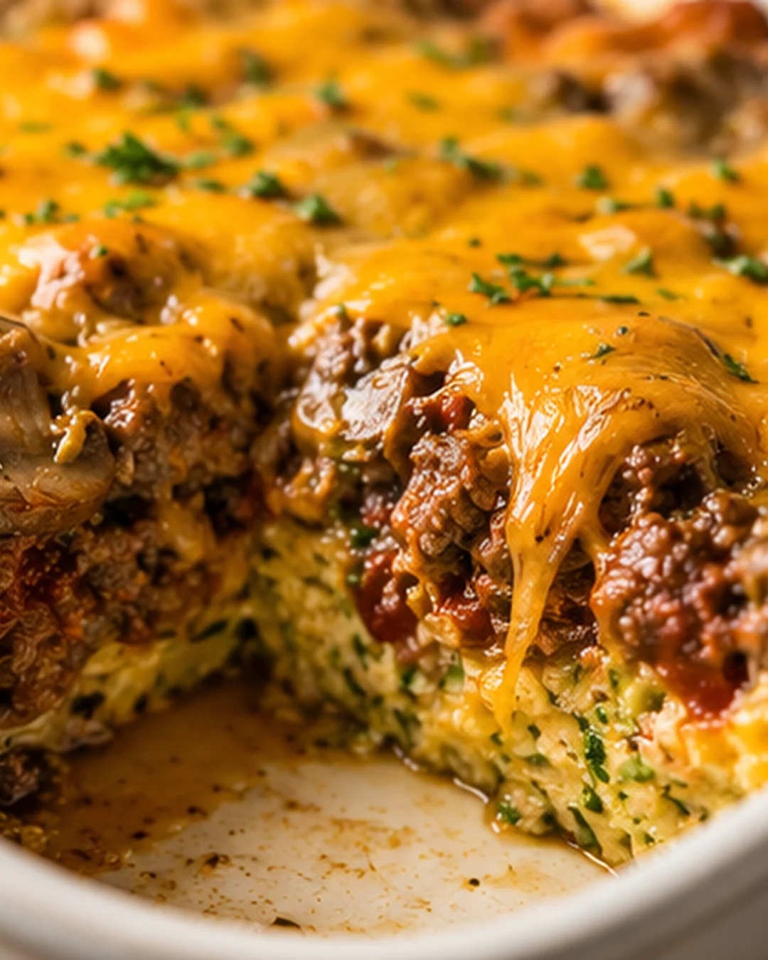 Layers of zucchini, ground beef, and melted cheese in a baked casserole dish.