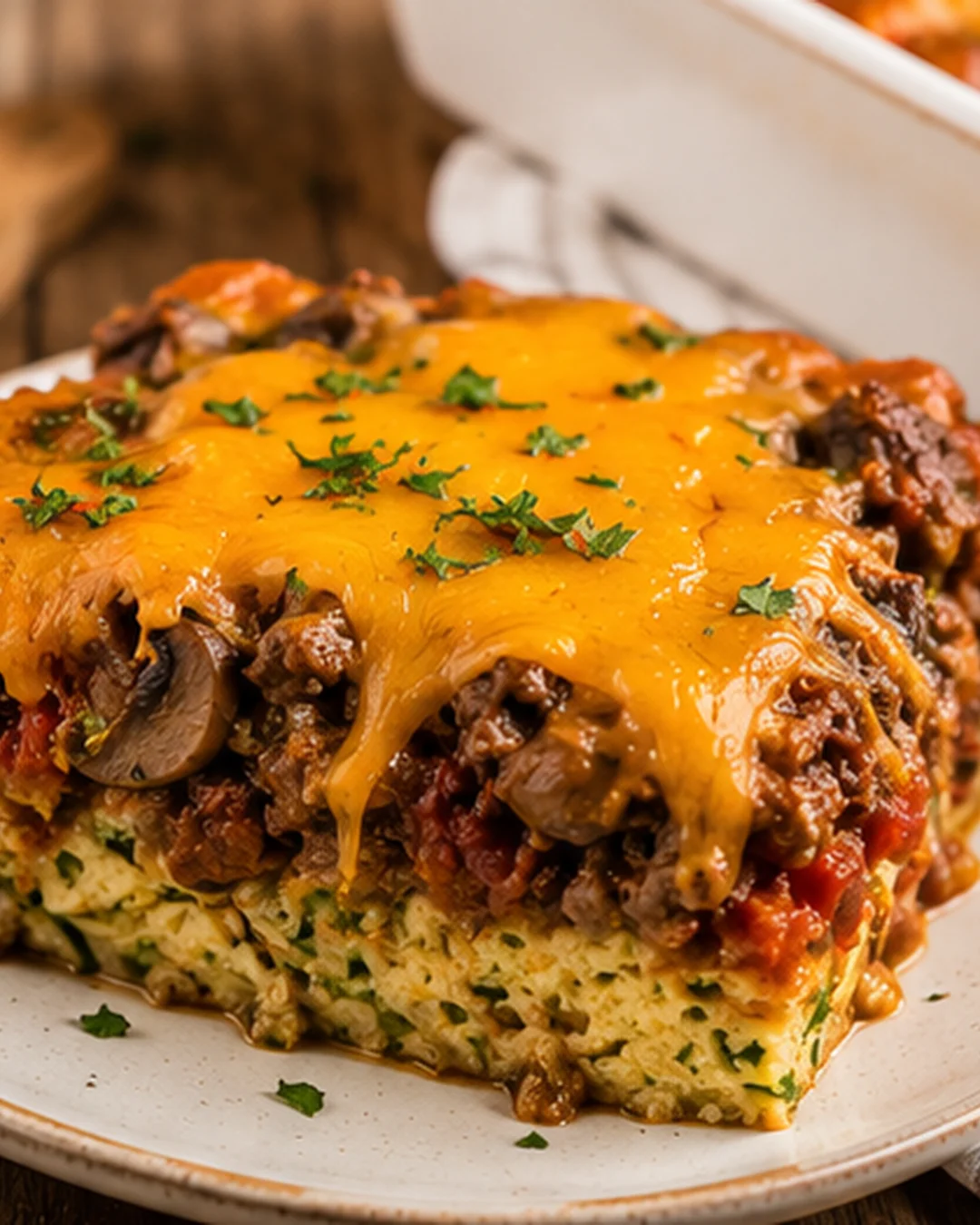 Layered zucchini casserole with ground beef and melted cheddar cheese on top