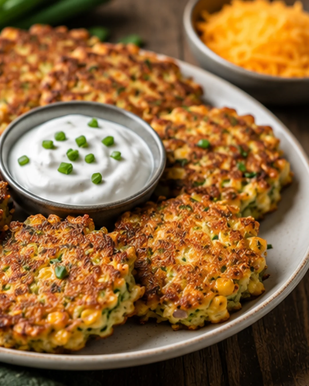 Crispy zucchini and corn fritters served with sour cream and cheese.