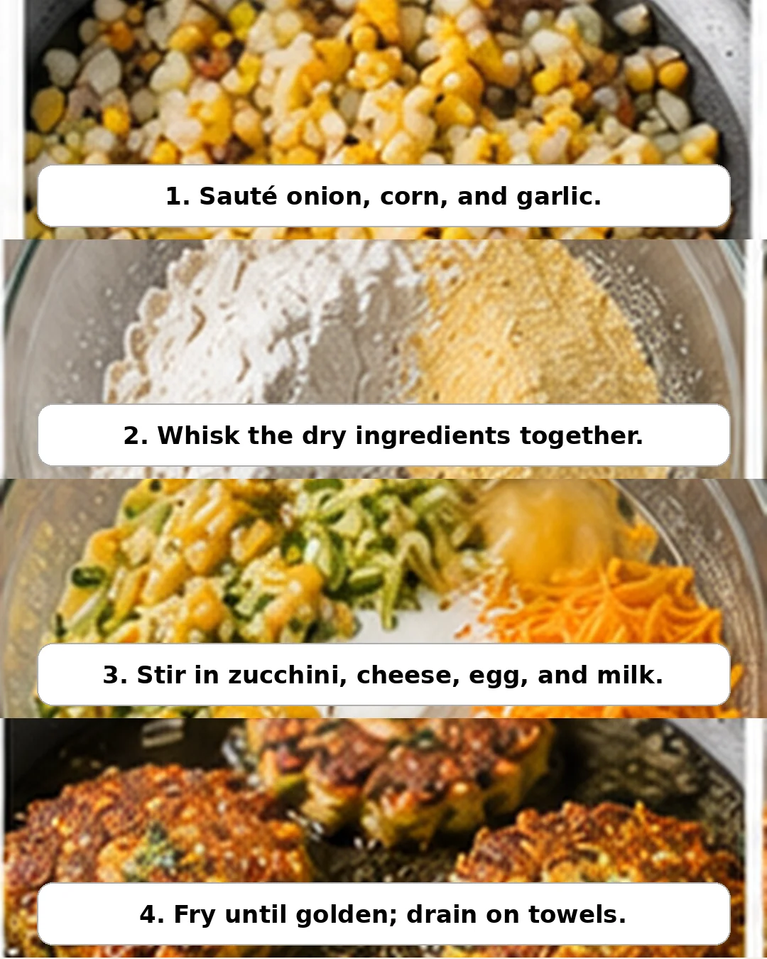 Step-by-step images showing the process of making zucchini corn fritters.