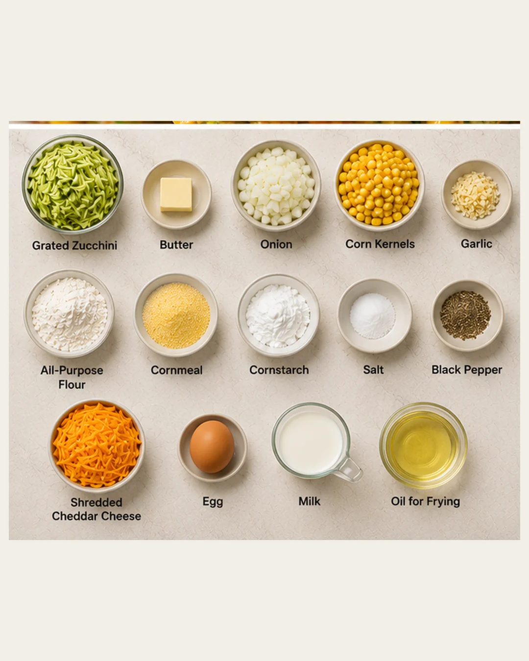 Colorful ingredients for zucchini corn fritters, including grated zucchini, corn, and cheese.