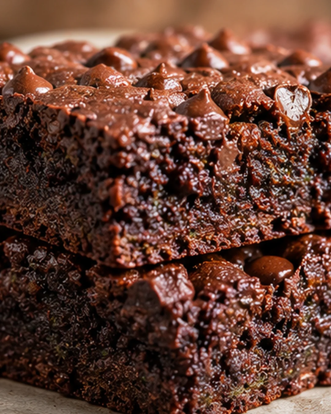 Close-up of moist, fudgy chocolate zucchini brownies with chunks of chocolate.
