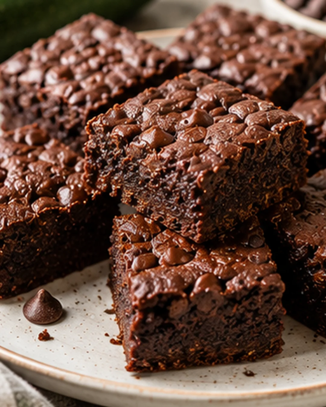 Close-up of fudgy, chocolatey zucchini brownies with a glossy top surface.