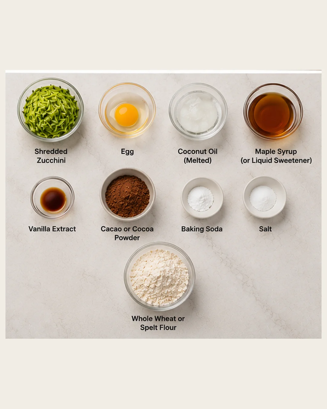 Assorted ingredients for healthy zucchini brownies, including shredded zucchini, eggs, and cocoa powder.
