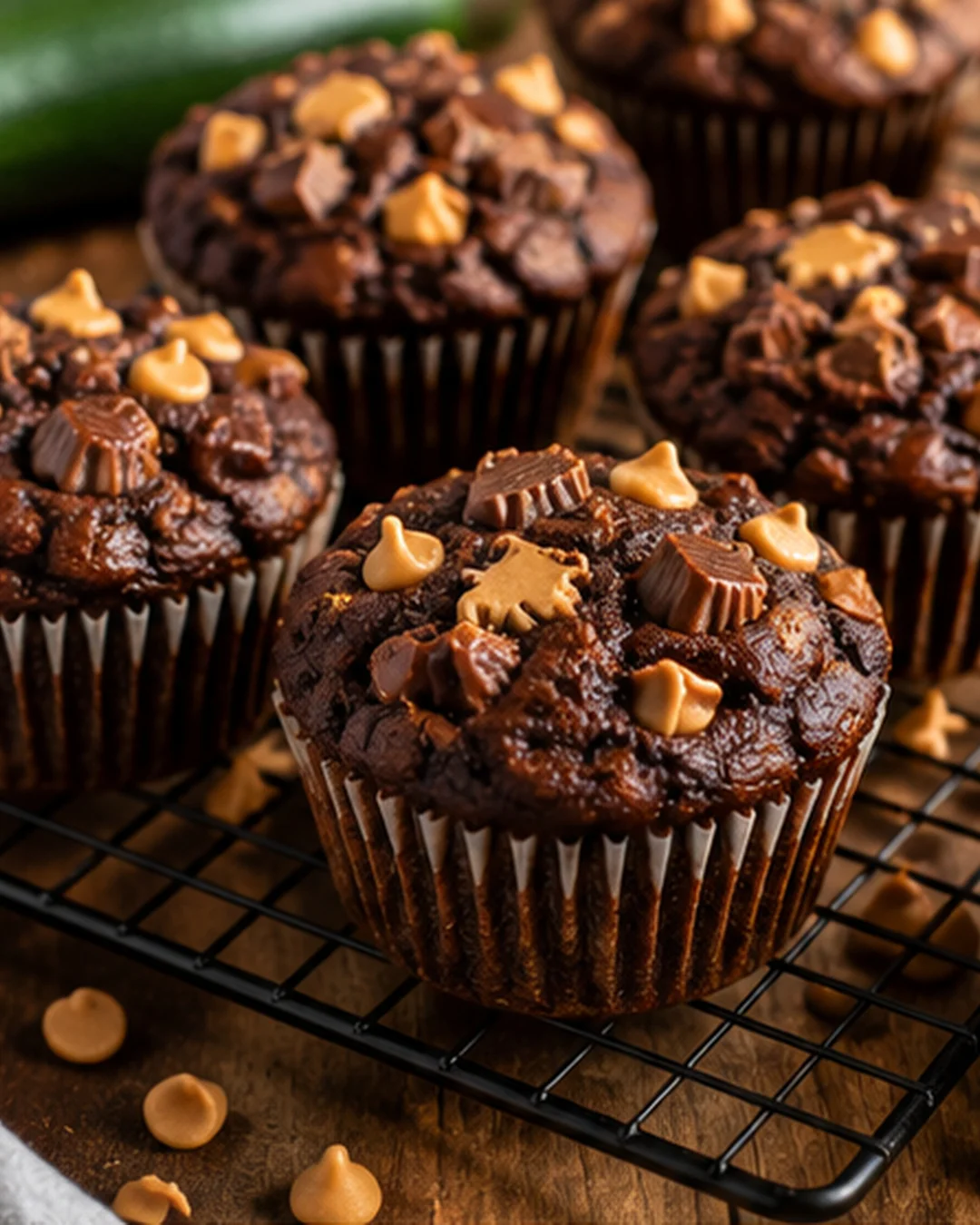 Rich, chocolatey muffins topped with peanut butter chips and chopped peanut butter cups