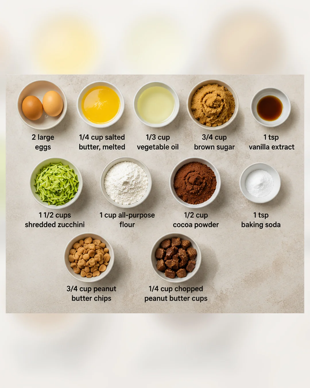 Ingredients for chocolate peanut butter zucchini muffins including eggs, butter, oil, sugar, and zucchini.