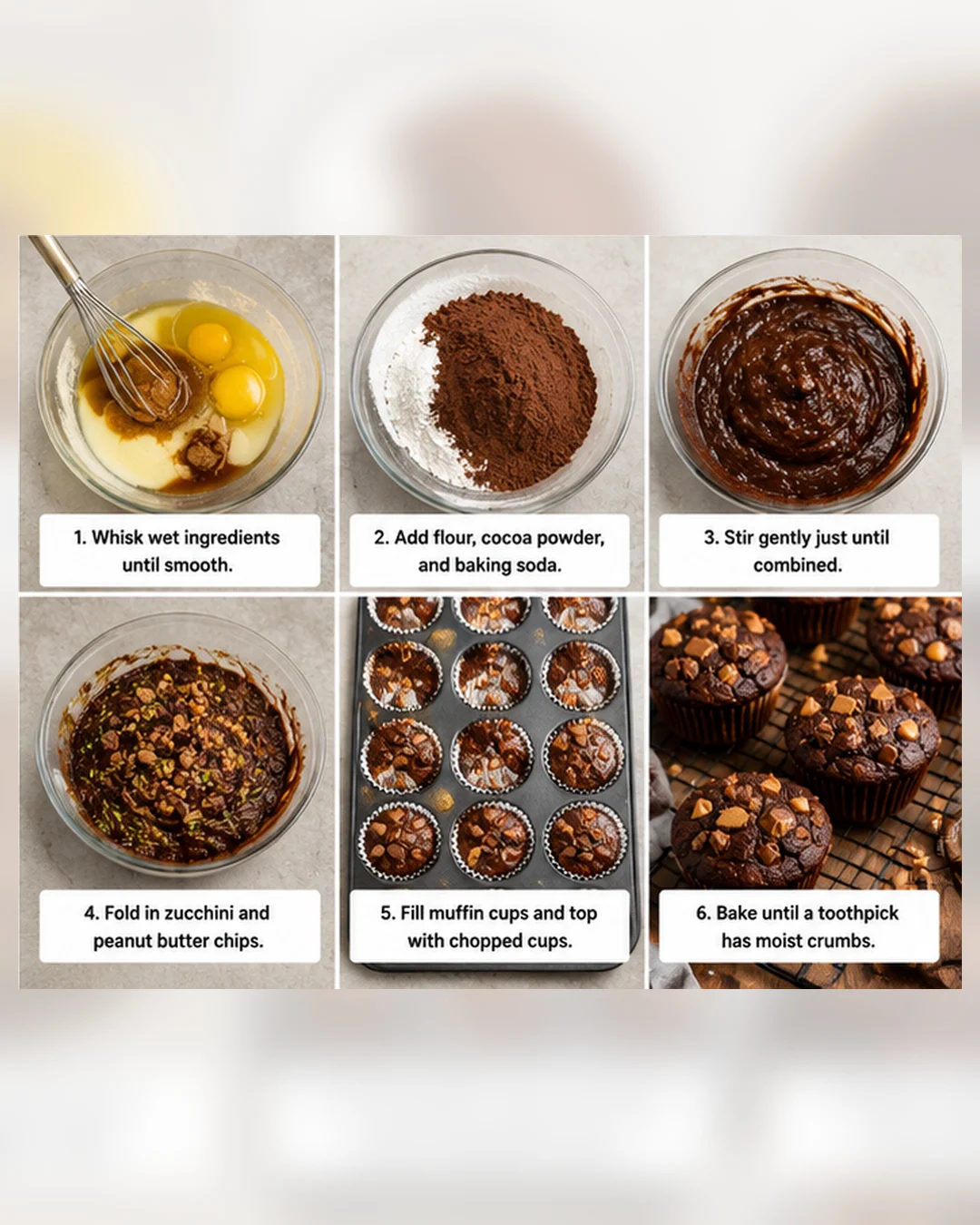 Step-by-step images of making moist chocolate peanut butter zucchini muffins or bread.